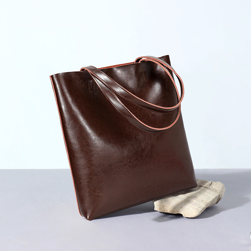 Waxed Cowhide Tote Bag for Women Large Capacity Practical Shoulder Handbag, Versatile Commuter Purse with Rich Leather Texture