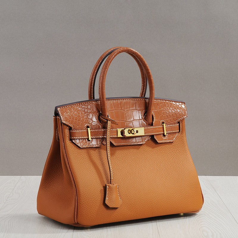 Genuine Cowhide Vintage Birkin-Style Bag for Women, Palm & Crocodile-Embossed Top Handle Crossbody Purse, Chic Elegant Handbag for Ladies