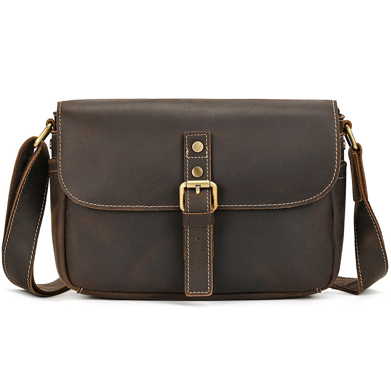 Crazy Horse Leather Flap Crossbody Shoulder Bag, Top Layer Cowhide Outdoor Casual Pouch for Men