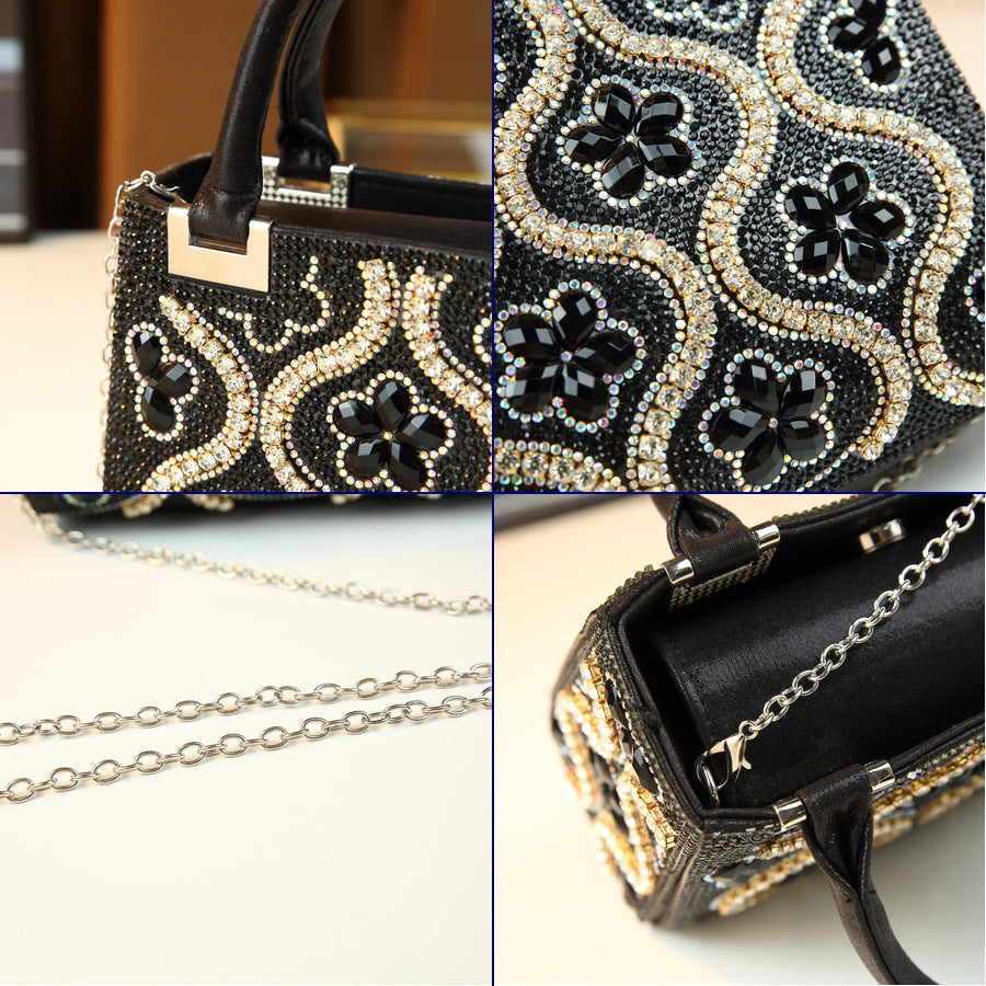 Rhinestone Floral Mini Square Bag for Women Black-Gold Evening Shoulder Crossbody Handbag, Heavy Crystal Embellished Purse with Glamorous Light Luxury Design