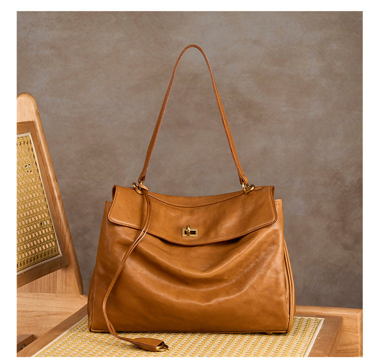 Genuine Vegetable-Tanned Leather Large Capacity Tote Bag for Women, 2026 New Commute Top Handle Crossbody Purse, Premium Textured Everyday Handbag for Ladies