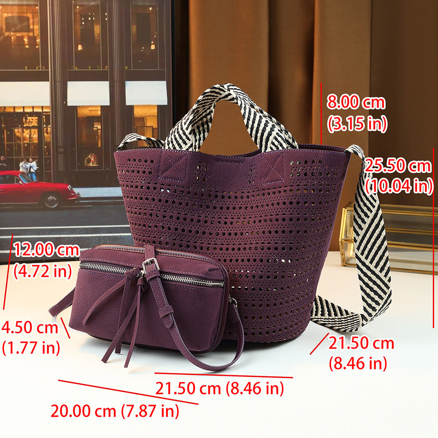 Hollow Woven Bucket Bag Set for Women Lightweight Fall Shoulder Handbag, Versatile Casual Purse with Detachable Sub-Pouch
