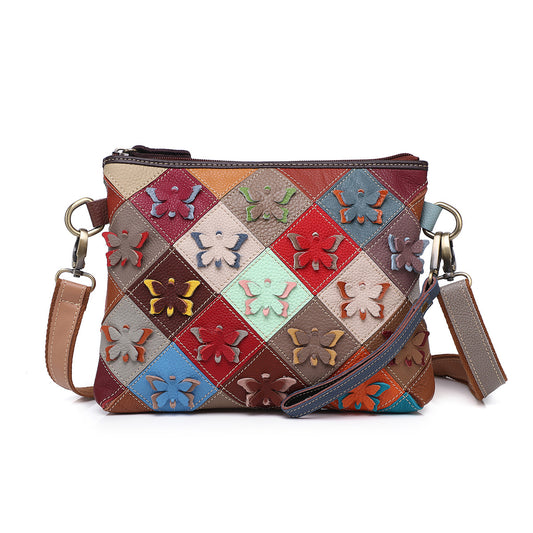 Premium Vintage Handcrafted Genuine Cowhide Leather Bag for Women | Multi-Color Patchwork Geometric Floral Color-Block Design with Unique Artistic Flair | Versatile 2-in-1 Clutch Shoulder Small Purse for Everyday, Travel & Casual Outings | Trendy Sta