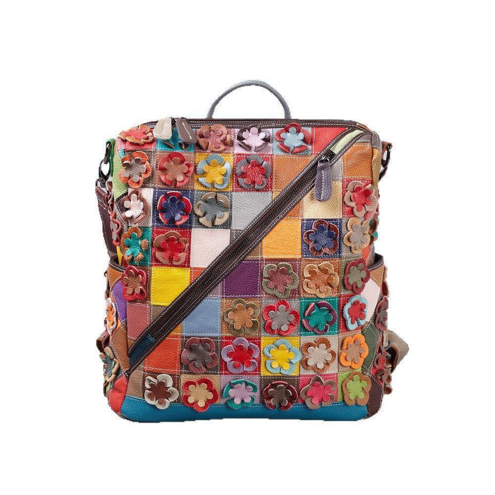 Genuine Top Layer Cowhide Vintage Color Block Patchwork Backpack, Large Capacity Travel School Daypack, Commute Bag for Men and Women, Casual Leather Rucksack