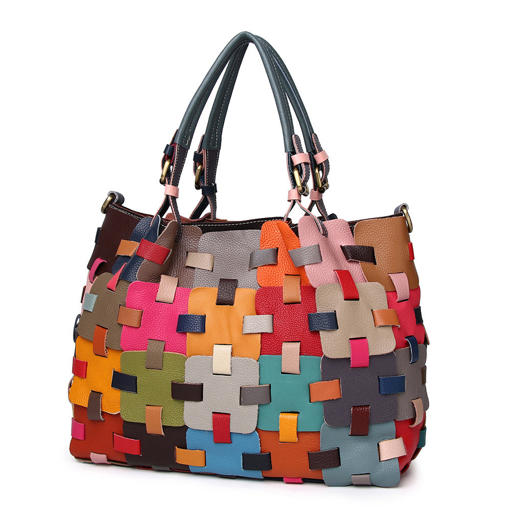 Premium Genuine Cowhide Leather Colorful Woven Basket Bag for Women | Ethnic Style Top-Handle Shoulder Cross-Body Handbag with Artistic Craftsmanship | Spacious Beach Tote for Travel, Shopping & Casual Outings | Trendy Statement Accessory with Bohemi