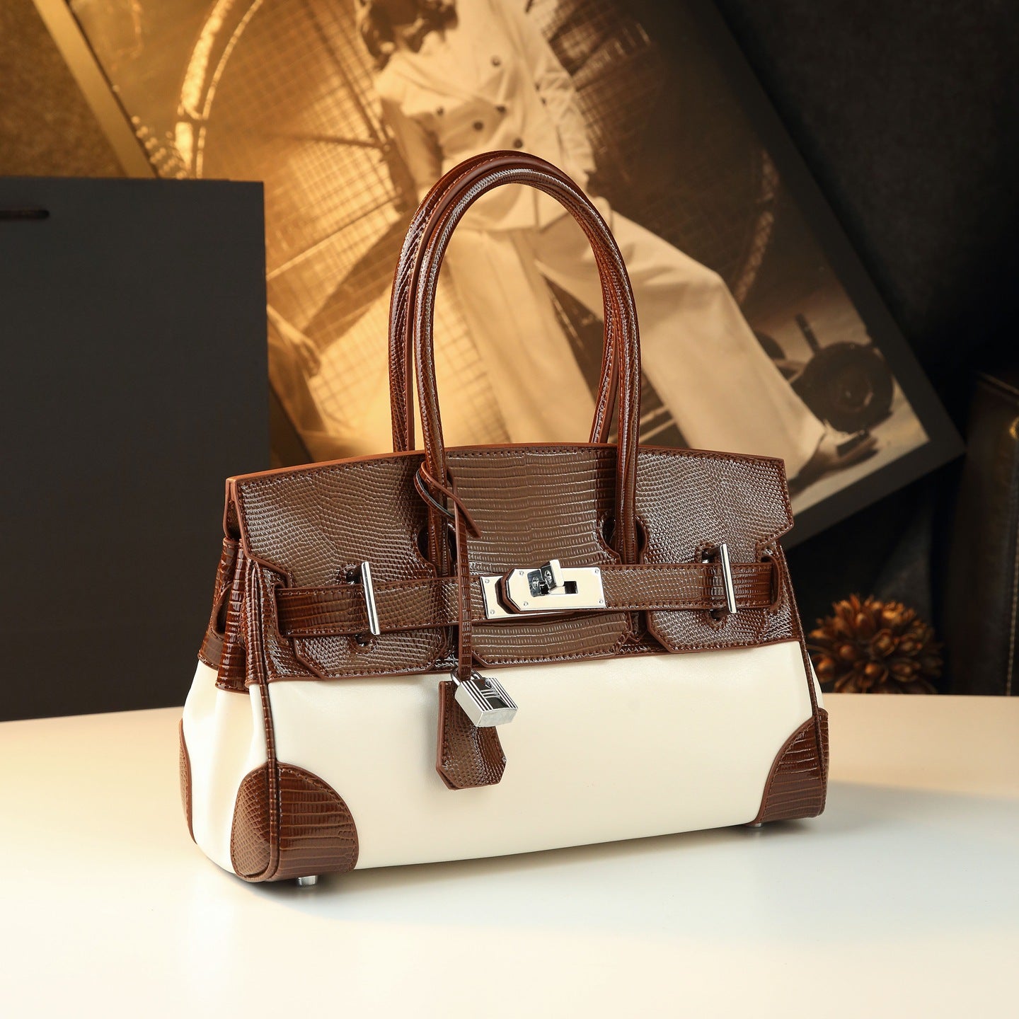Chic Lizard-Effect Birkin-Inspired Tote Bag for Women, Premium Genuine Leather Top-Handle Crossbody Shoulder Handbag with Trendy Elegant Design, Ideal Everyday Purse for Mom