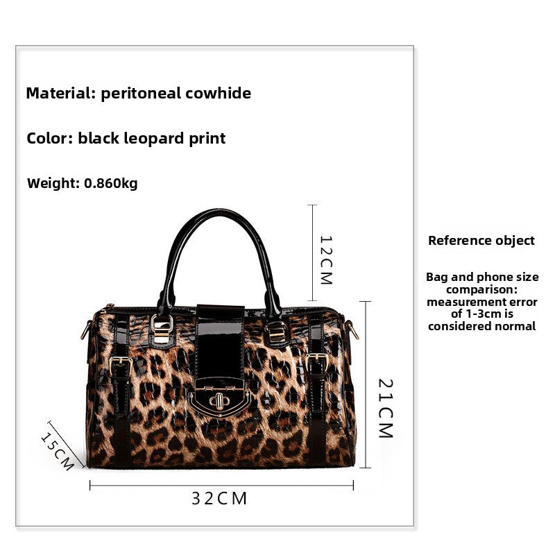 New Leopard Print Genuine Cowhide Leather Boston Bag, Large Capacity Top Handle Shoulder Purse, Stylish Handbag for Women