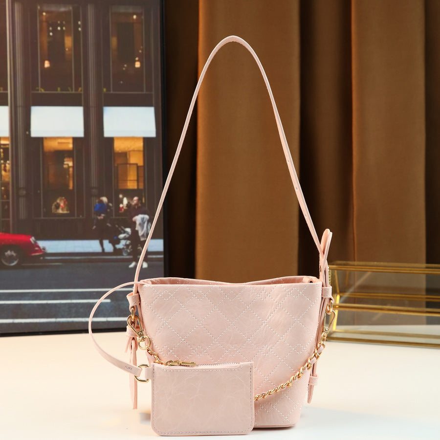 Quilted Chain Bucket Bag Set for Women Korean Style Shoulder Crossbody Handbag, Versatile Travel Purse with Detachable Sub-Bag