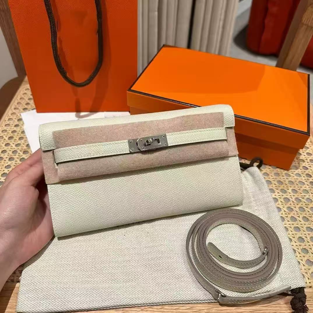 Genuine Leather Crossbody Bag for Women, Hermès-Inspired Kelly Mini Bag 2025 New Release, Long Wallet Style Shoulder Purse with Detachable Strap, Versatile Everyday Niche Handbag