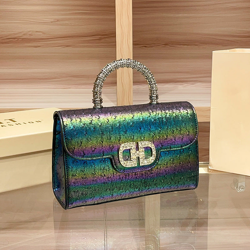 Premium Rhinestone Ostrich-Embossed Genuine Leather Bag, Fashionable Shoulder Crossbody Top Handle Purse, Chic Handbag for Women