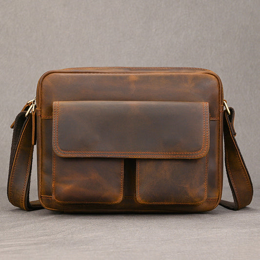 Vintage Crazy Horse Leather Commute Briefcase, Casual Travel Crossbody Shoulder Bag, Top Handle Work Bag for Men