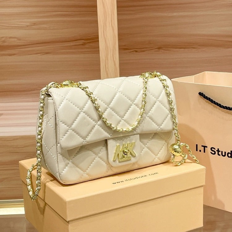 Genuine Leather Quilted Chain Crossbody Bag for Women, New Trendy Versatile Small Gold Ball Purse, Stylish Everyday Handbag for Ladies