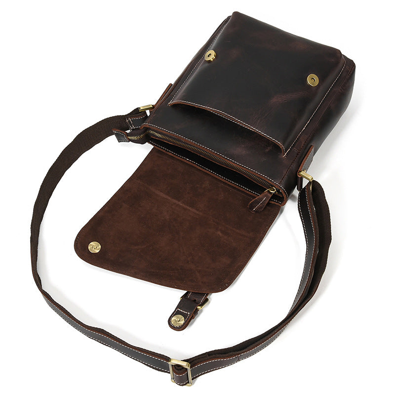 Genuine Top Layer Crazy Horse Cowhide Shoulder Bag for Men, Flap Crossbody Pouch, Casual Outdoor Travel Bag for Gentlemen