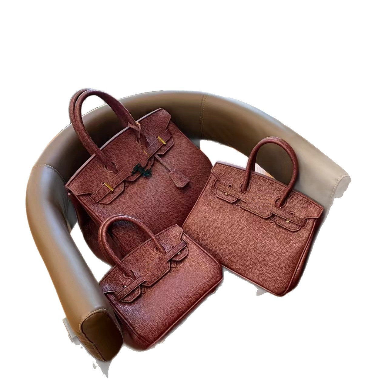 Genuine Togo Top Layer Cowhide Birkin-Style Bag with Waxed Thread Stitching, Full Steel Hardware Lock Top Handle Handmade Purse, Premium Leather Bag for Ladies