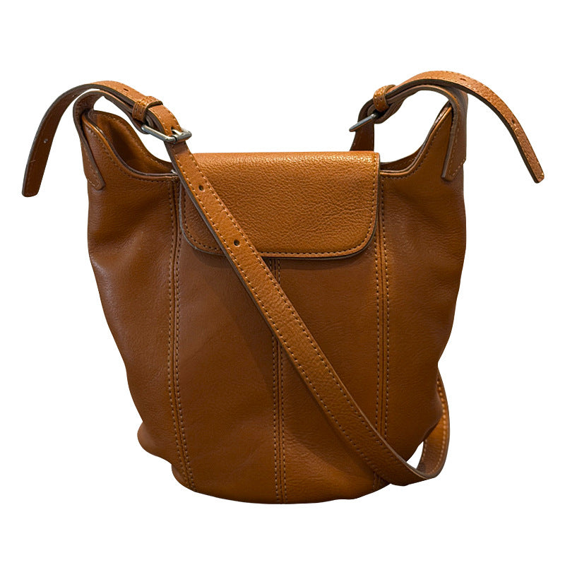 Vegetable-Tanned Cowhide Bucket Bag for Women, Casual Chic Shoulder Crossbody Purse, Pleated Top Layer Leather Handbag for Ladies