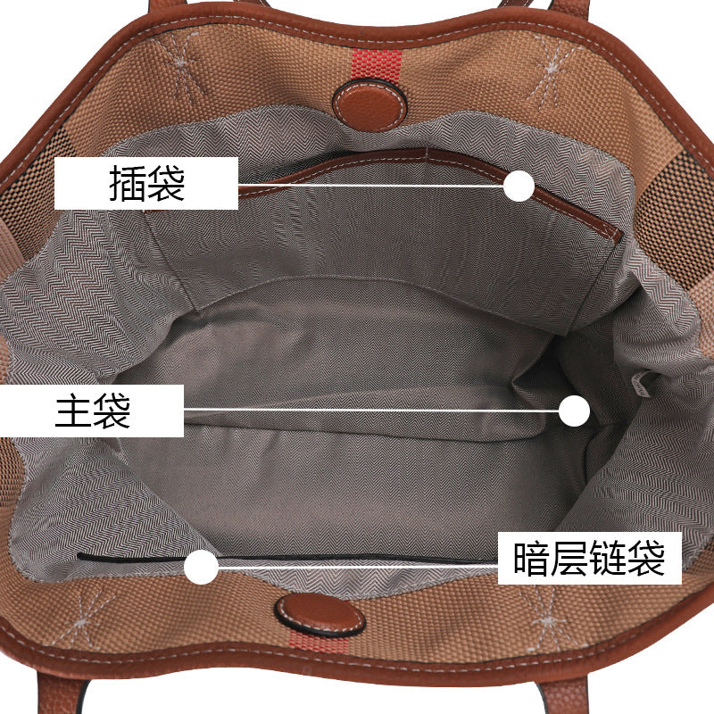 New Large Capacity Plaid Canvas Tote Bag with Leather Trim, Fashionable Casual Shoulder Handbag, Premium Bag for Women