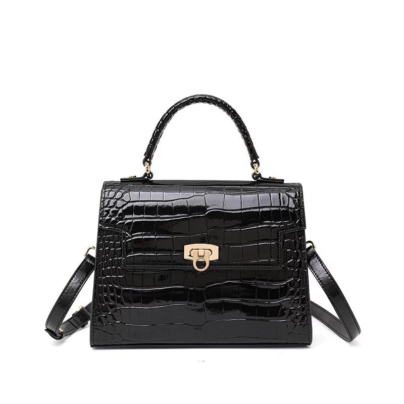 Genuine Leather Glossy Crocodile-Embossed Handbag for Women, 2026 New Lock Buckle Large Capacity Shoulder Crossbody Purse, Trendy Bag for Ladies
