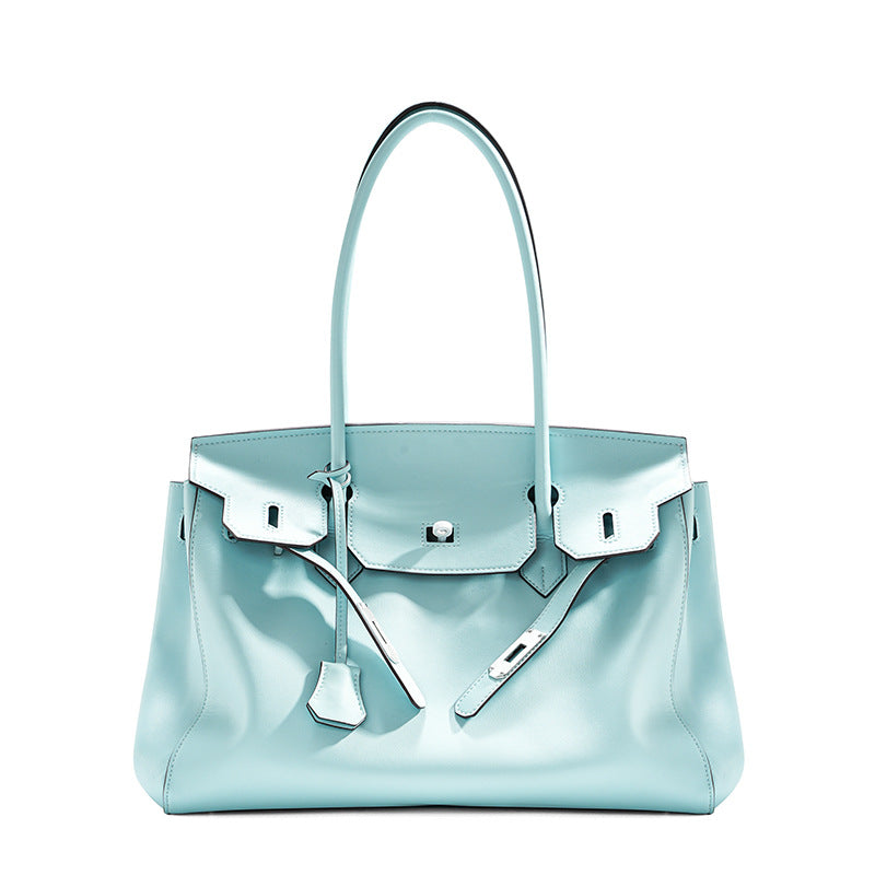 Elegant Minimalist Tote Bag for Women, Birkin-Inspired Genuine Cowhide Leather Handbag with Spacious Large Capacity, Versatile Top-Handle Shoulder Purse for Work & Everyday Use