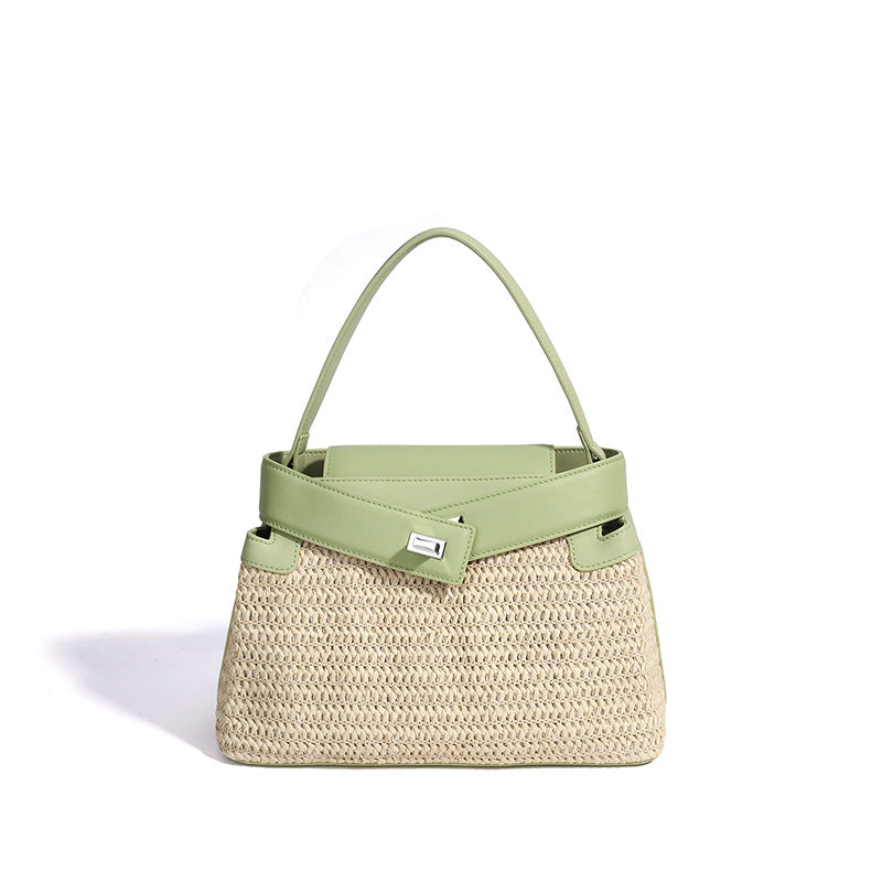 Resort Style Straw Woven Leather Patchwork Bag, Niche Design Shoulder Crossbody Top Handle Purse, Premium Handbag for Women