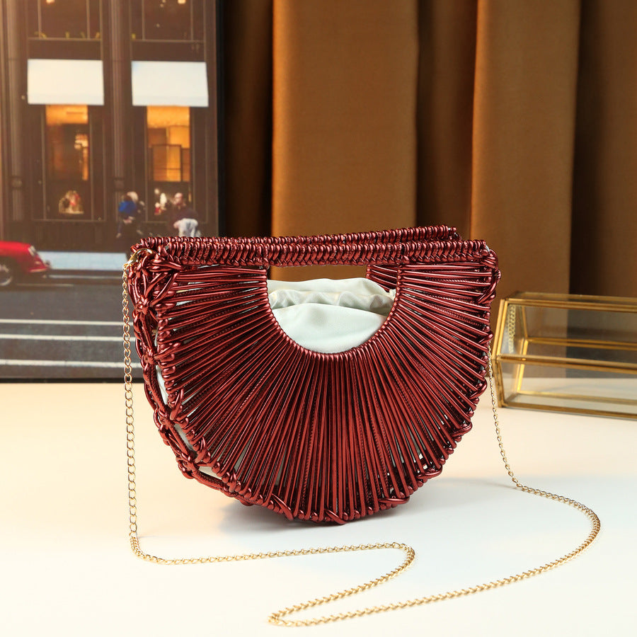 Line Woven Hollow Semi-Circle Bag for Women Niche Shoulder Crossbody Handbag, Exquisite Designer Purse with Artistic Open-Weave Design