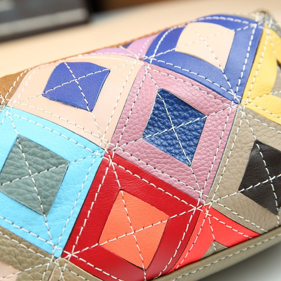 Pebble Grain Leather Colorful Checkered Pillow Bag for Women Ethnic Shoulder Crossbody Handbag, Random Color-Block Purse with Unique Design