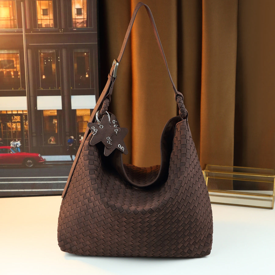 Handmade Frosted Woven Bucket Tote for Women Large Capacity Shoulder Crossbody Purse with Five-Pointed Star Design, Perfect for Fall Winter & Everyday Use
