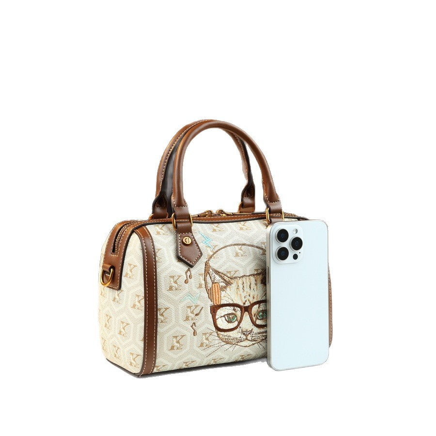 Cat Print Pillow Bag for Women Light Luxury Vintage Shoulder Handbag, Artistic Retro Purse with Playful Feline Design