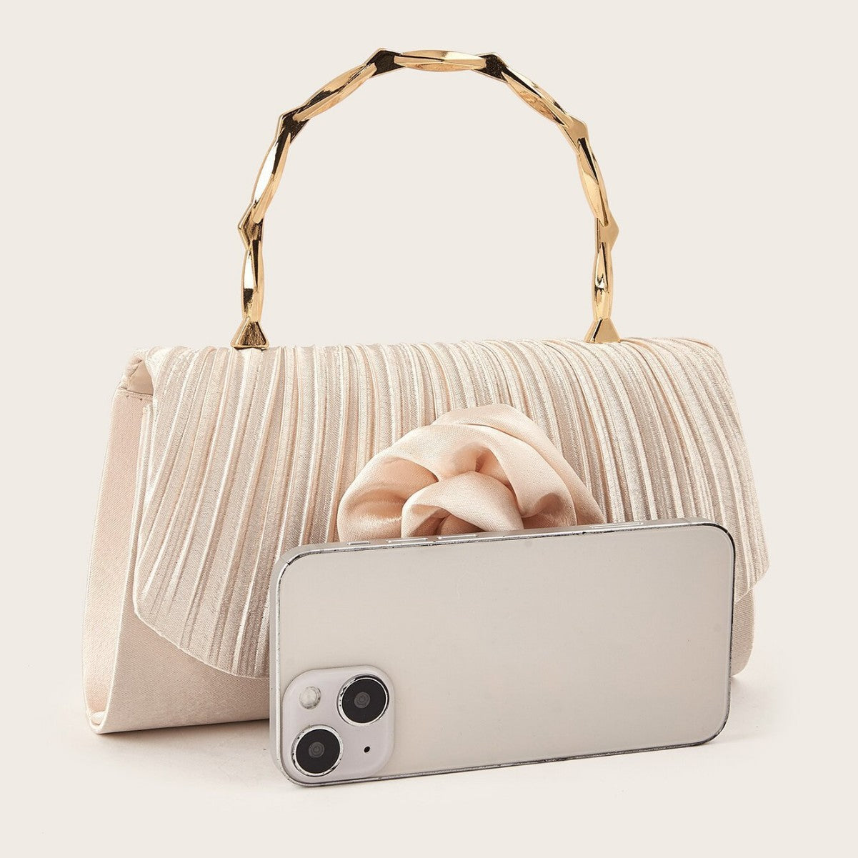 French Light Luxury Pleated Satin Evening Clutch for Women, New Floral Gold Bamboo Handle Top Handle Bag, Elegant Formal Party Purse for Ladies