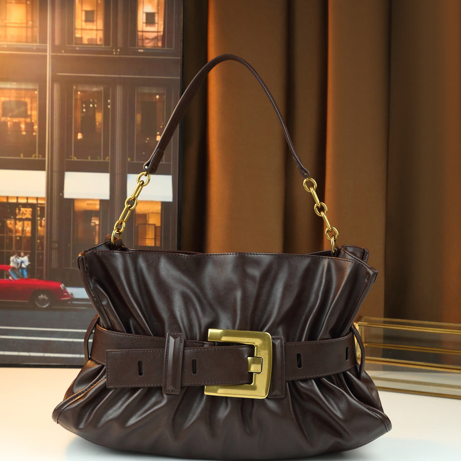 Metal Belt Buckle Pleated Cloud Bag for Women Large Capacity Shoulder Underarm Handbag, Creative Hardware Purse with Versatile Style