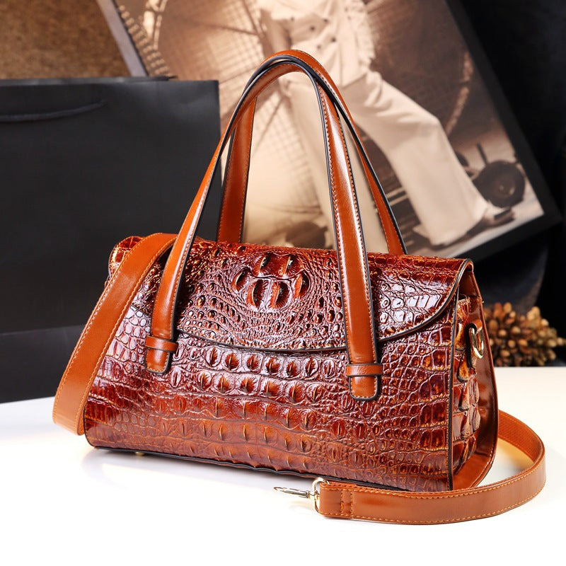 New Arrival Croc-Effect Genuine Leather Boston Pillow Bag for Women, A Fashionable Shoulder Crossbody Top-Handle Handbag Perfect for Moms