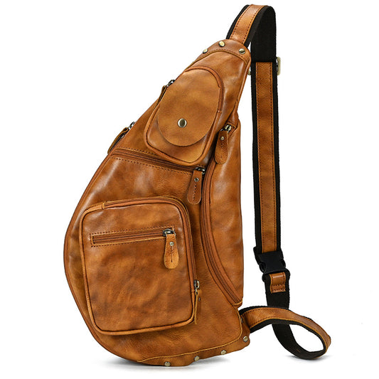 Vintage Vegetable-Tanned Leather Large Capacity Chest Bag, Casual Crossbody Shoulder Pouch, Outdoor Travel Pack for Men