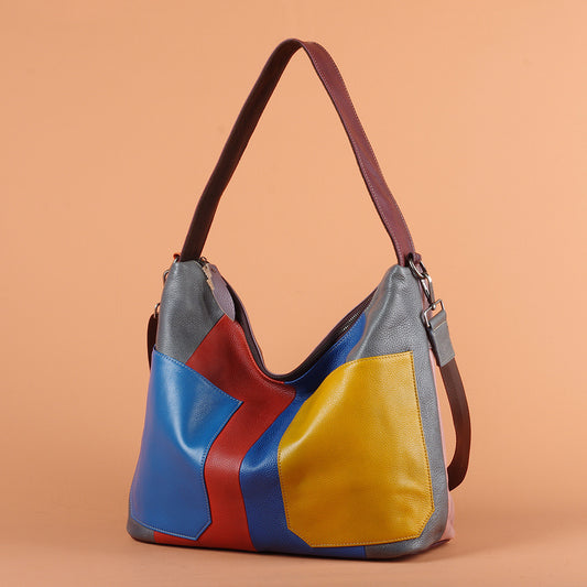 Genuine Top Layer Cowhide Colorful Patchwork Handbag for Women, Handmade Vintage Retro Crossbody Shoulder Purse, Unique Designer Leather Bag for Ladies