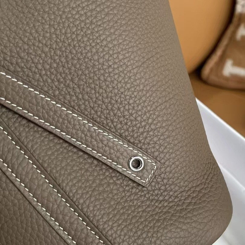 Genuine TC Cowhide 18cm Basket Bucket Bag for Women, Hermès-Style High-Quality Top Handle Handbag, New Premium Leather Purse for Ladies