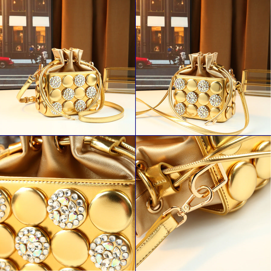 Rhinestone Button Cylinder Bag for Women Handmade Embellished Drawstring Shoulder Crossbody Purse, Unique Sparkling Design with Personality Style