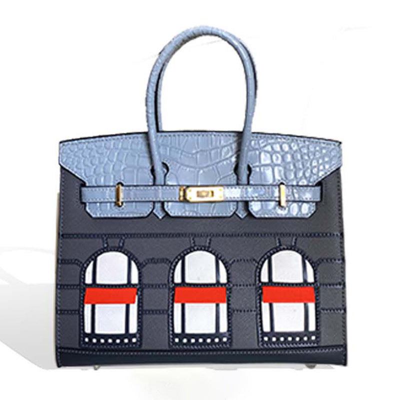 New Arrival Croc-Effect Genuine Leather House-Shaped Bag for Women, A High-End Versatile Top-Handle Shoulder Crossbody Handbag with Fashionable Premium Design