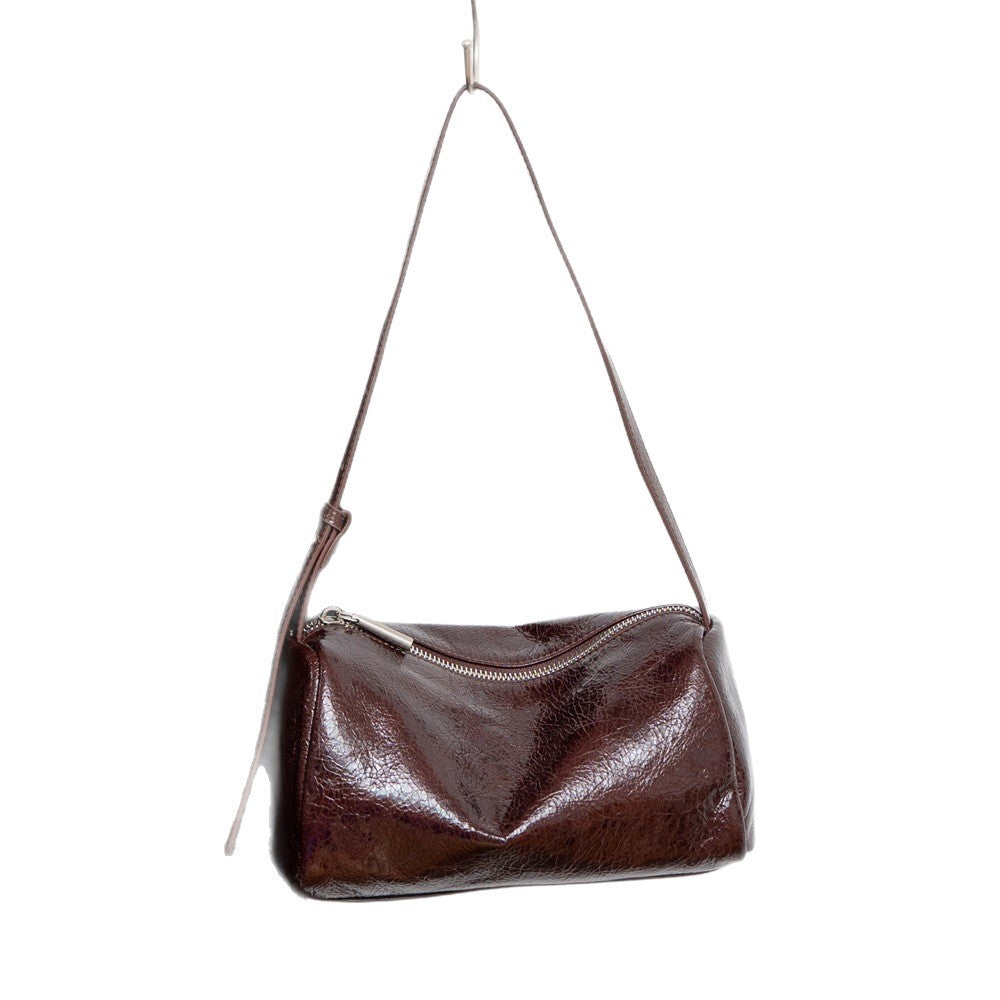 Genuine Top Layer Cowhide Vintage Boston Pillow Bag for Women, New Versatile Commute Shoulder Crossbody Purse, Premium Textured Leather Handbag for Ladies