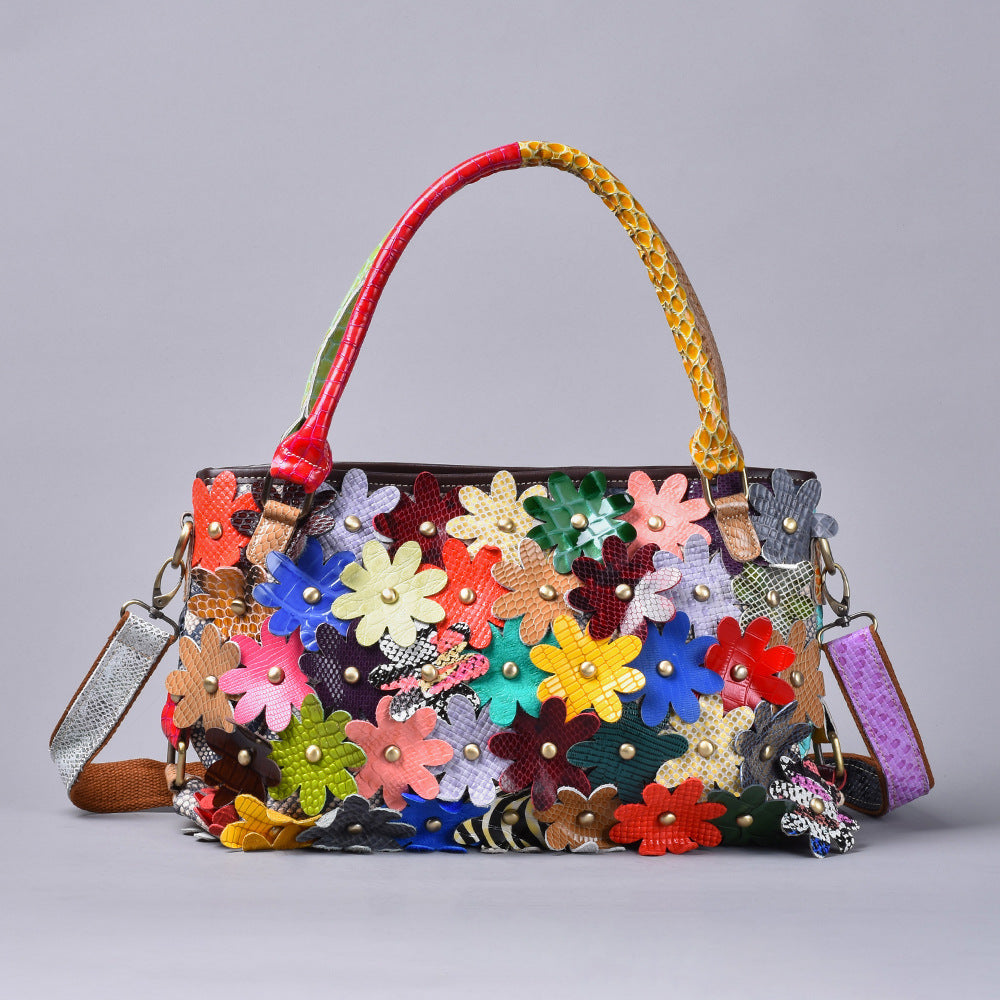 Premium Handcrafted Genuine Leather Bag for Women | Snakeskin Floral Color-Block Design with Trendy Rivet Accents | Unique Statement Shoulder Top-Handle Handbag with Artistic Flair | Versatile Purse for Work, Errands, Travel & Everyday Chic