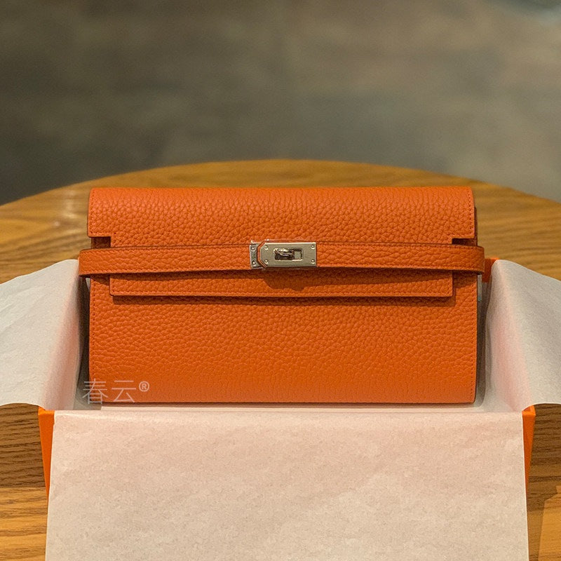 Genuine Togo Leather Long Wallet Clutch for Women, Hermès-Inspired Kelly-Style Money Holder, Premium Epsom Leather Phone Bag for Ladies