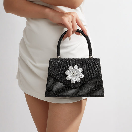 Black Rhinestone Floral Evening Clutch for Women, New Pleated Top Handle Bag, Premium Chanel-Style Formal Gown Purse for Ladies