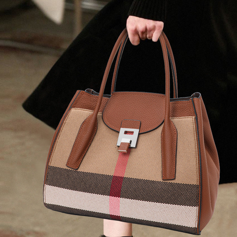 New Plaid Wing Tote Bag in Genuine Cowhide, Large Capacity Fashionable Top Handle Shoulder Handbag, Trendy Leather Purse for Women
