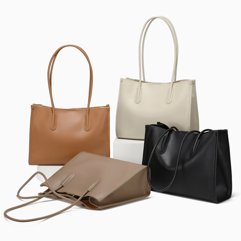 Genuine Leather Niche Tote Bag for Women Large Capacity Commuter Cowhide Shoulder Handbag, Premium Versatile Purse with Understated Elegance