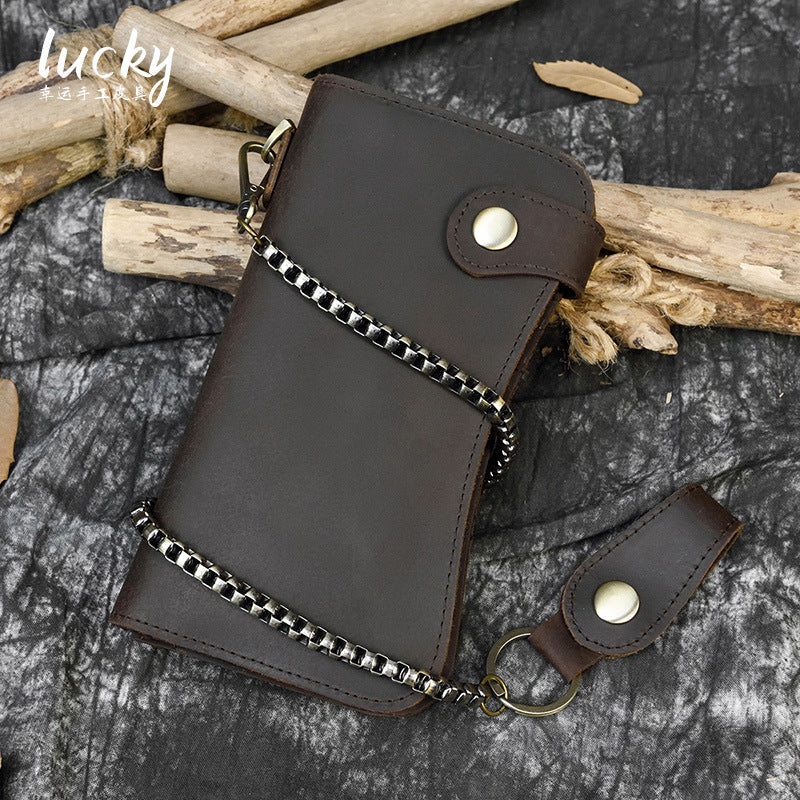 Crazy Horse Leather RFID Blocking Long Wallet for Men, Anti-Theft Chain Clutch, Secure Card Holder Money Bag for Gentlemen