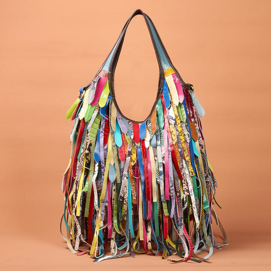 Genuine Leather Colorful Tassel Hobo Bag for Women, New Arrival Large Capacity Shoulder Crossbody Purse, Unique Designer Handbag for Ladies