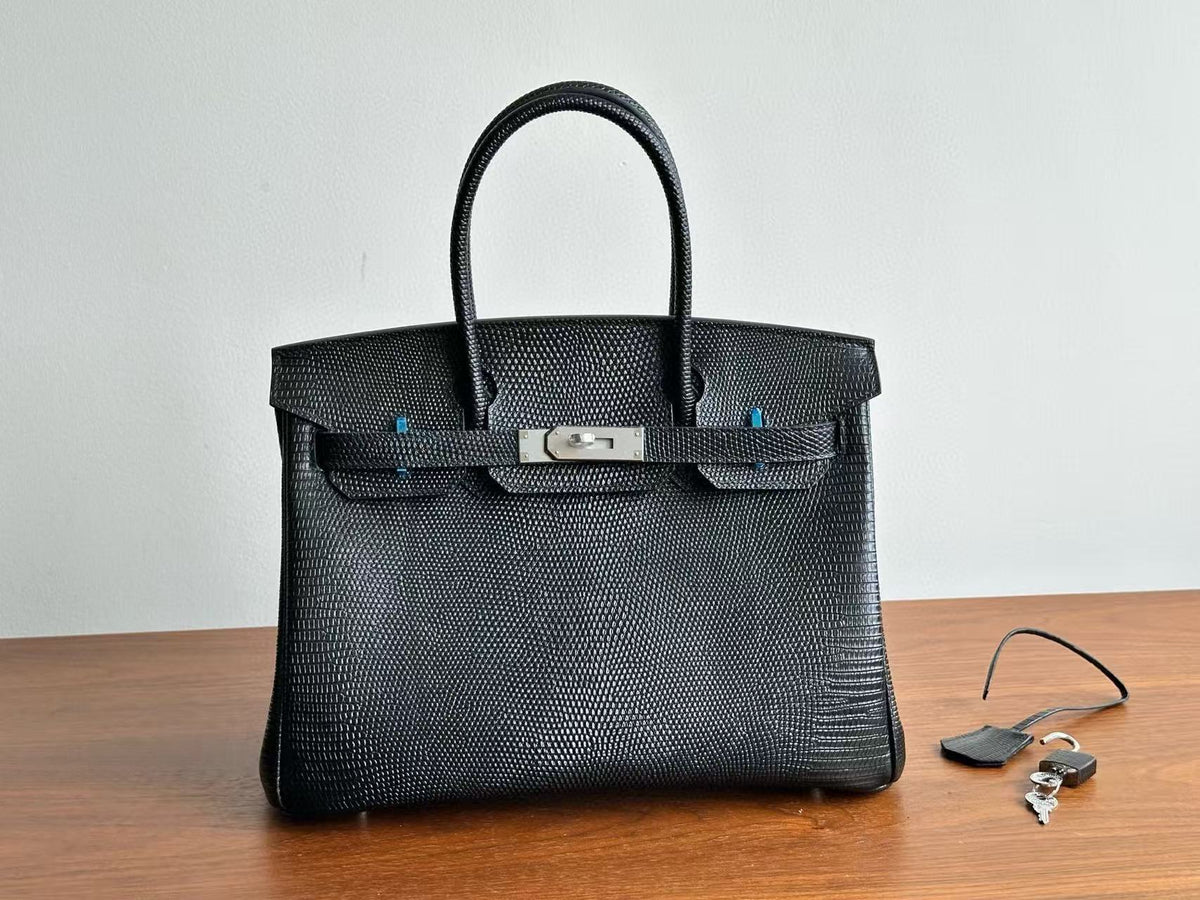 Genuine Top Layer Cowhide Lizard-Embossed Birkin 30cm Bag for Women, Hermès-Style Lock Clasp Top Handle Purse, Premium Leather Handbag for Ladies