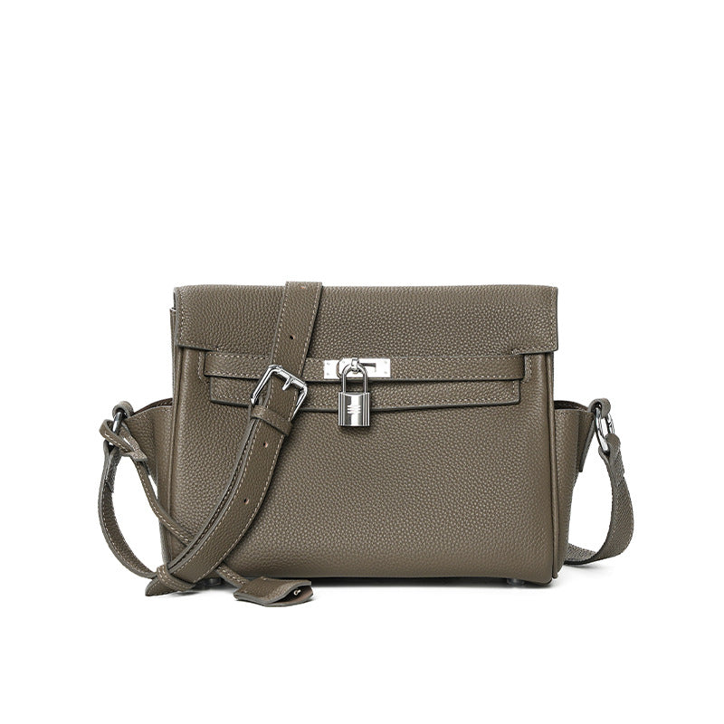 Genuine Togo Top Layer Cowhide Kelly-Style Messenger Bag for Women, Black New Crossbody Top Handle Commute Purse, Premium Shoulder Handbag for Ladies
