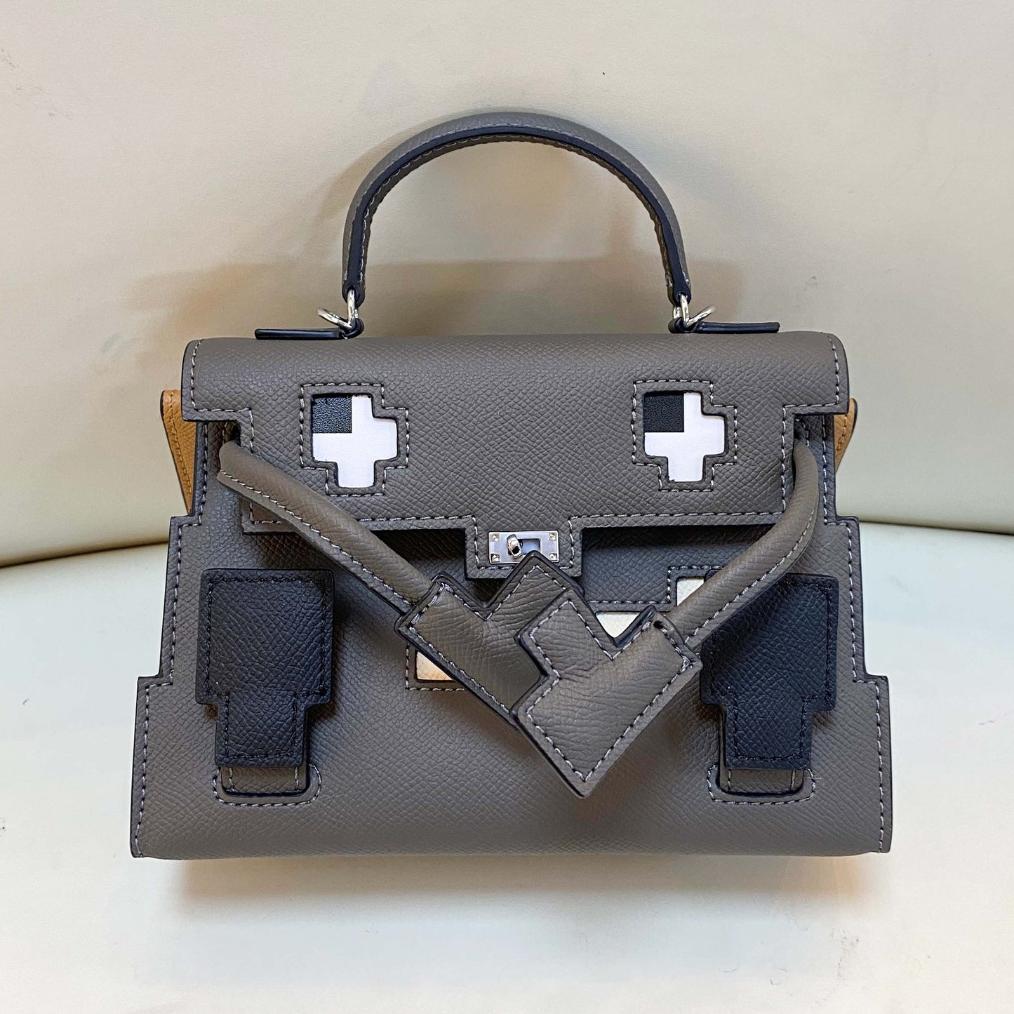 Genuine Leather Mosaic Doll Kelly-Style Bag for Women, Summer Bestseller Niche Designer Top Handle Shoulder Crossbody Purse, Cartoon Print Handbag for Ladies