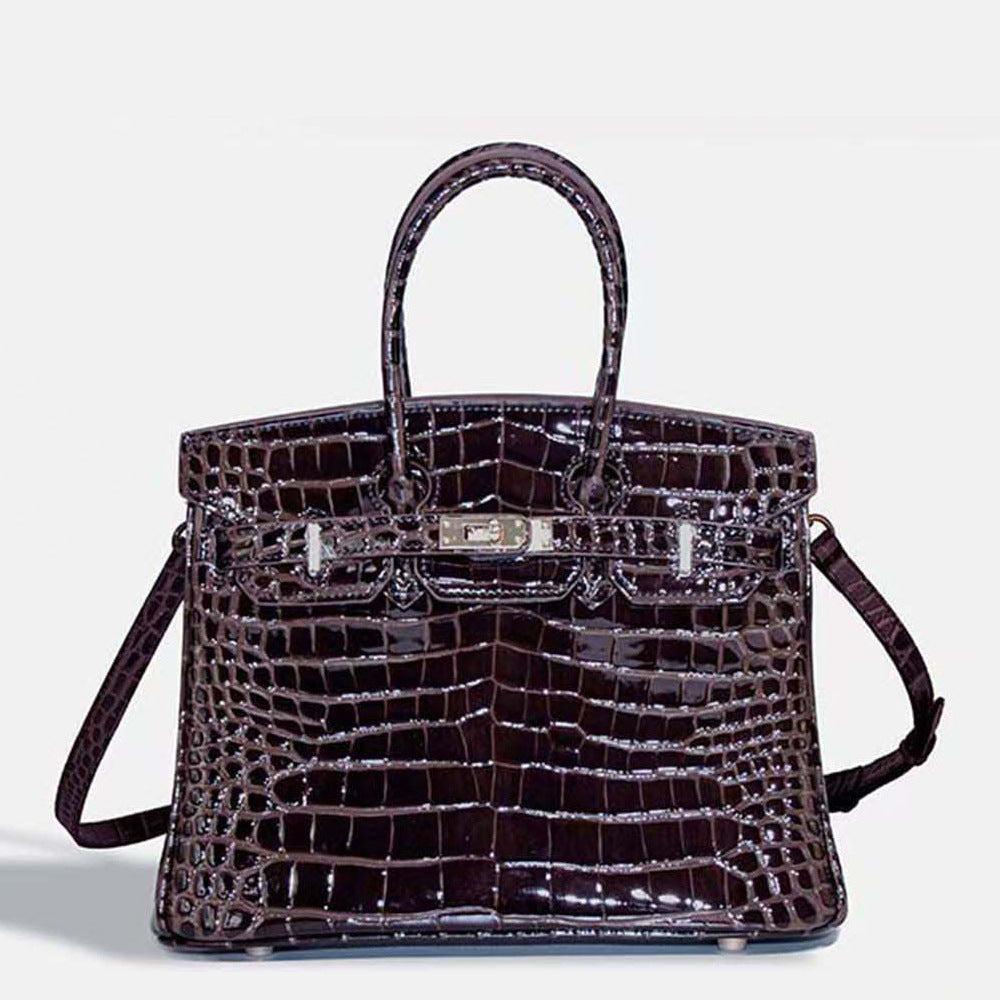 New Birkin Style Large Tote Bag for Women High Gloss Crocodile Embossed Genuine Leather Shoulder Handbag Crossbody Purse