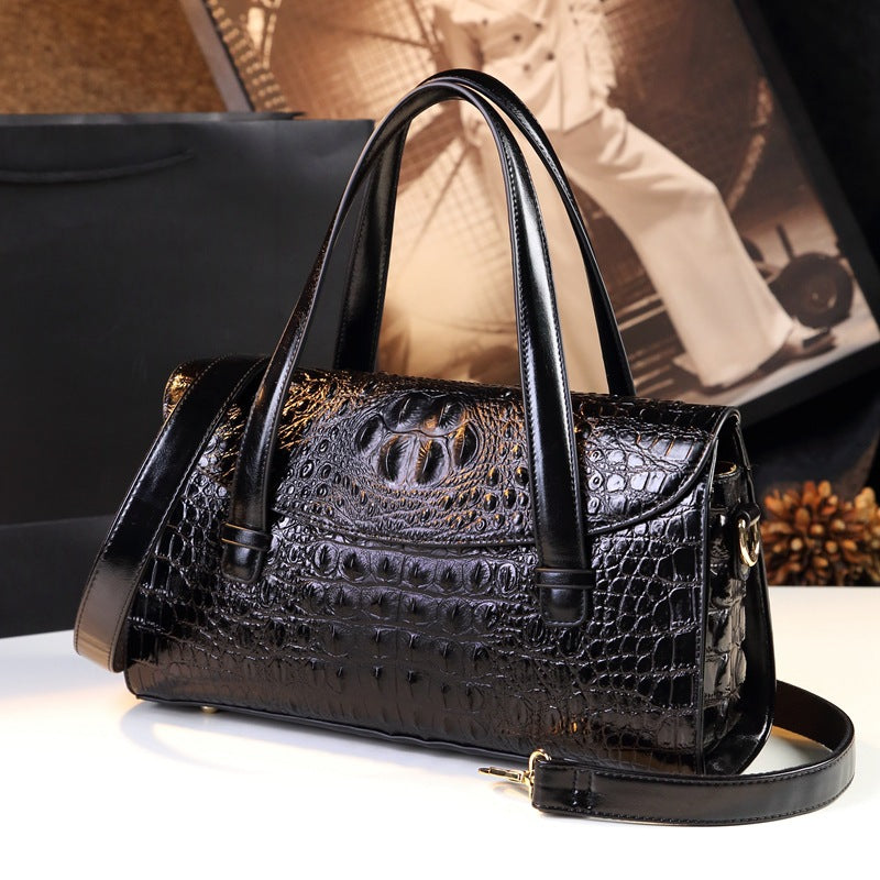 New Arrival Croc-Effect Genuine Leather Boston Pillow Bag for Women, A Fashionable Shoulder Crossbody Top-Handle Handbag Perfect for Moms