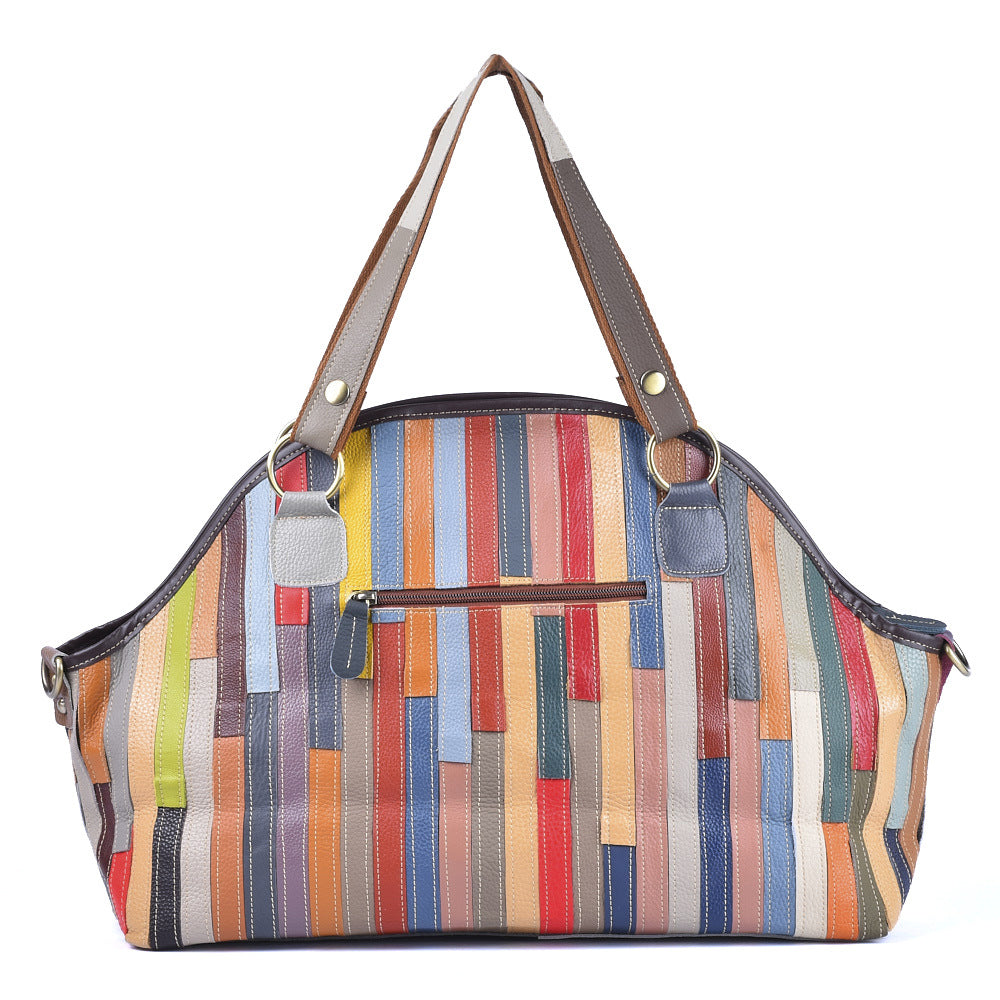 New Color Block Patchwork Genuine Cowhide Tote, Unique Design Large Capacity Shoulder Crossbody Top Handle Purse, Stylish Handbag for Women