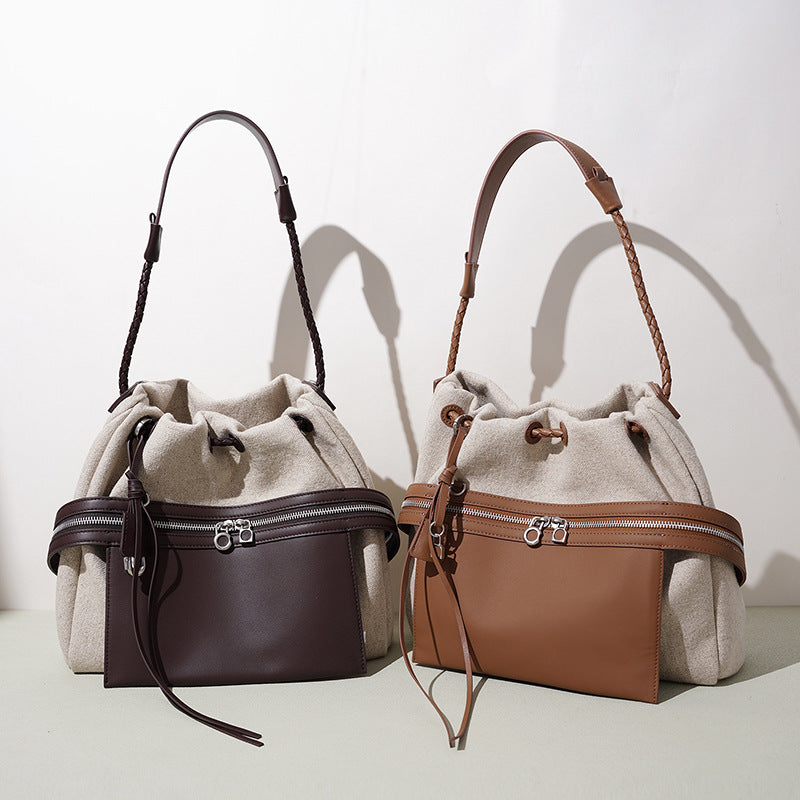 New Minimalist Cotton Linen Patchwork Bag, Casual Crossbody Shoulder Top Handle Purse, Large Capacity Commute Underarm Handbag for Women